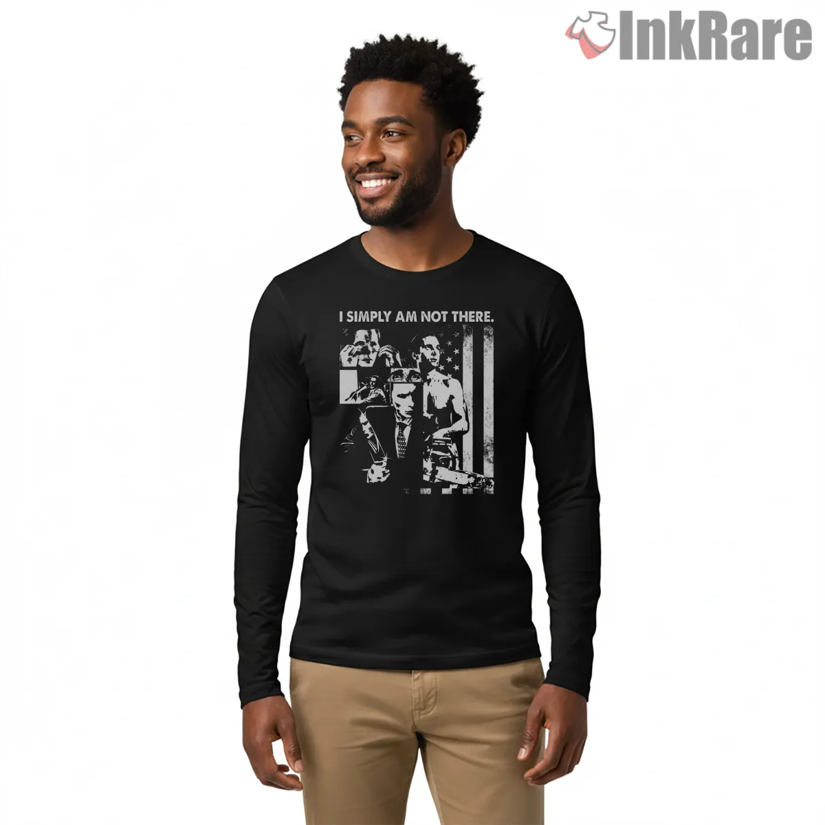 American Psycho I Simply Am Not There Collage Long Sleeve Black American Psycho I Simply Am Not There Collage Shirt on black long sleeve shirt for men graphic tee