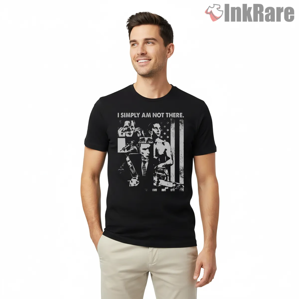 American Psycho I Simply Am Not There Collage Short Sleeve Black American Psycho I Simply Am Not There Collage Shirt on black short sleeve shirt for men graphic tee