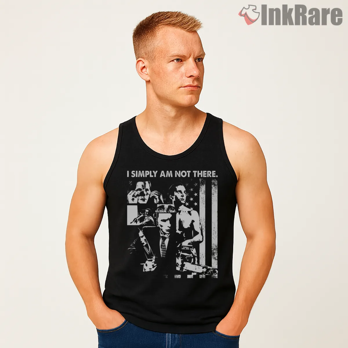 American Psycho I Simply Am Not There Collage Tank Top Black American Psycho I Simply Am Not There Collage Shirt on black tank top for men graphic tee