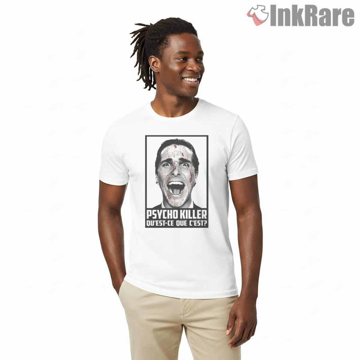 American Psycho Killer French Quote Poster Shirt on white short sleeve shirt for men graphic tee