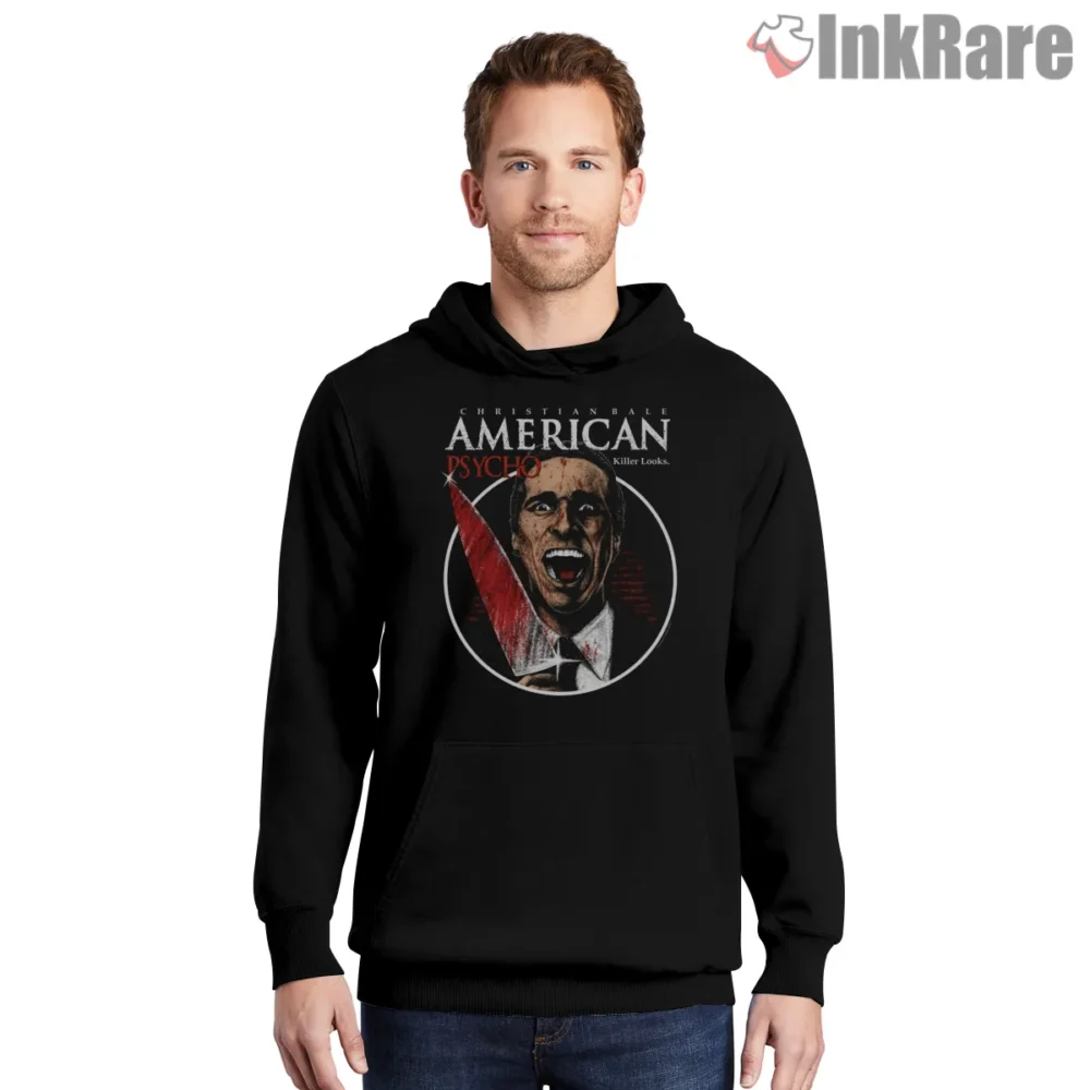 American Psycho Killer Looks Knife Circle Shirt on black hoodie for men graphic tee