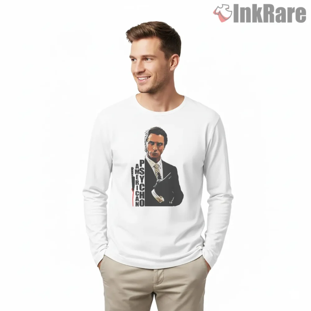 American Psycho Knife Shadow Silhouette Shirt on white long sleeve shirt for men graphic tee