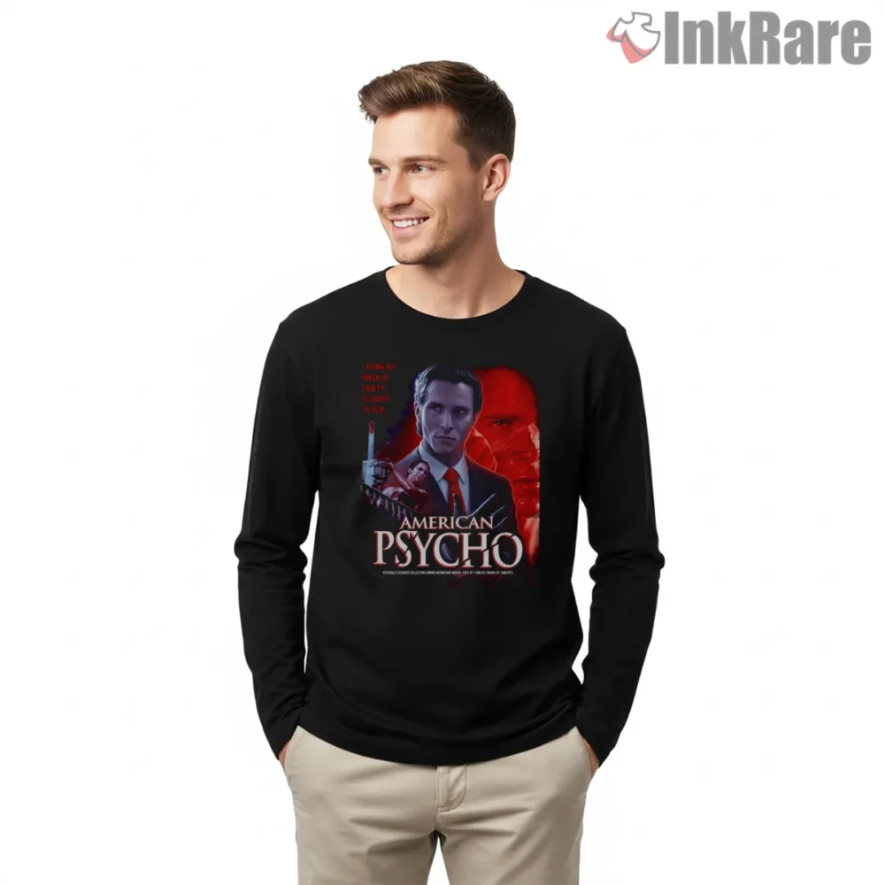 American Psycho Mask Of Sanity About To Slip Shirt on black long sleeve shirt for men graphic tee
