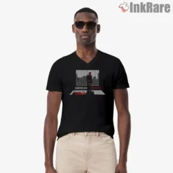 American Psycho Minimal City Crosswalk Silhouette Shirt on black v-neck shirt for men graphic tee