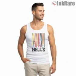 American Psycho Nells Defunct Nightclub Fan Art Shirt on white tank top for men graphic tee