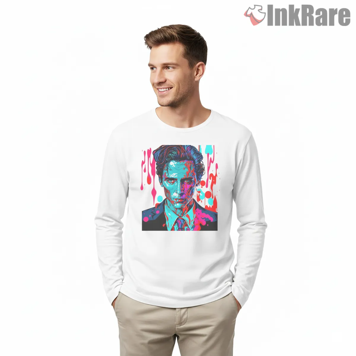 American Psycho Neon Blood Drip Portrait Long Sleeve White American Psycho Neon Blood Drip Portrait Shirt on white long sleeve shirt for men graphic tee
