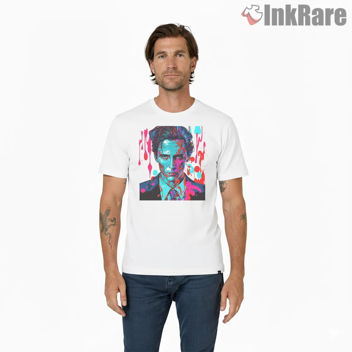 American Psycho Neon Blood Drip Portrait Short Sleeve White American Psycho Neon Blood Drip Portrait Shirt on white short sleeve shirt for men graphic tee