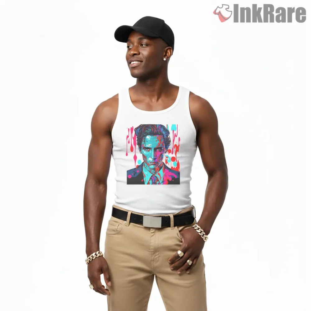 American Psycho Neon Blood Drip Portrait Shirt on white tank top for men graphic tee