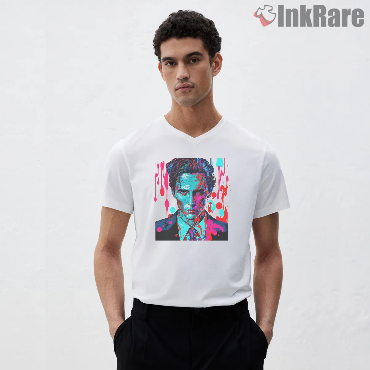 American Psycho Neon Blood Drip Portrait V Neck White American Psycho Neon Blood Drip Portrait Shirt on white v-neck shirt for men graphic tee