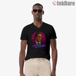American Psycho Neon Hip To Be Square Portrait Shirt on black v-neck shirt for men graphic tee
