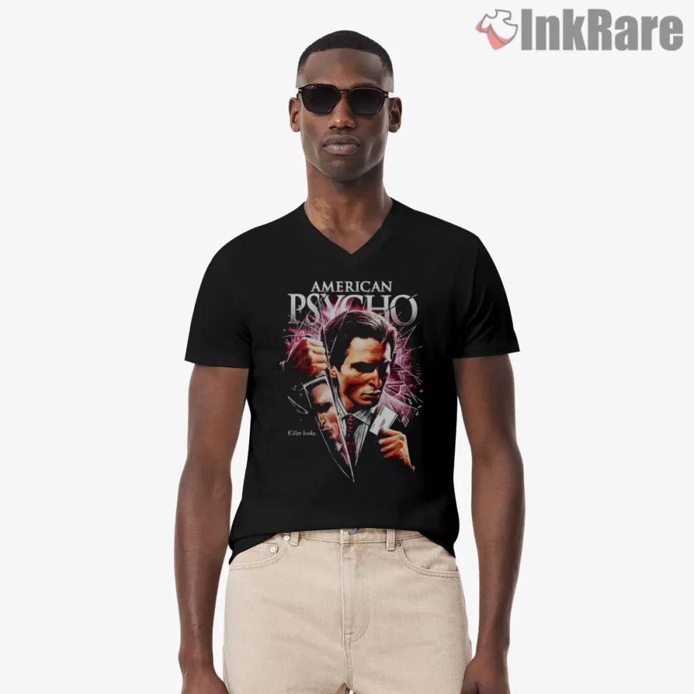 American Psycho Neon Knife Reflection Shirt on black v-neck shirt for men graphic tee