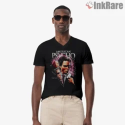 American Psycho Neon Knife Reflection Shirt on black v-neck shirt for men graphic tee