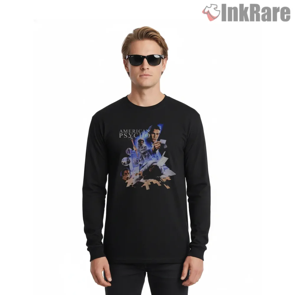 American Psycho Office Breakdown 2000 Collage Shirt on black long sleeve shirt for men graphic tee