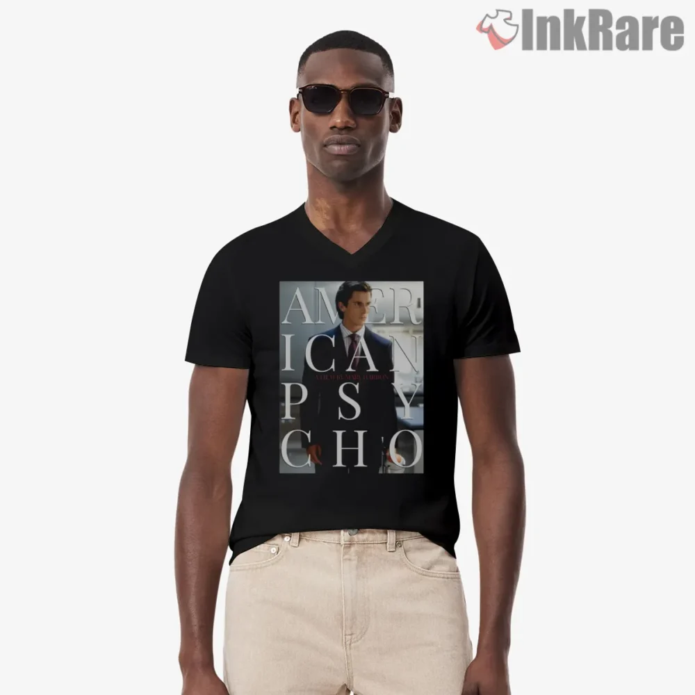 American Psycho Official Style Film Poster Shirt on black v-neck shirt for men graphic tee