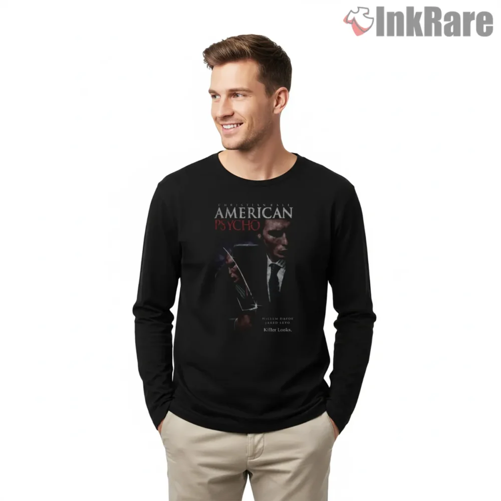 American Psycho Patrick Bateman Dark Poster Shirt on black long sleeve shirt for men graphic tee