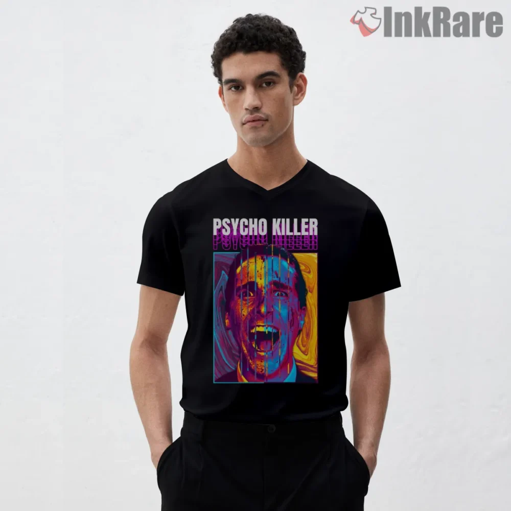 American Psycho Psycho Killer Neon Portrait Shirt on black v-neck shirt for men graphic tee