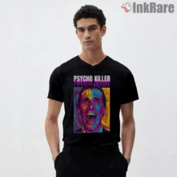 American Psycho Psycho Killer Neon Portrait Shirt on black v-neck shirt for men graphic tee