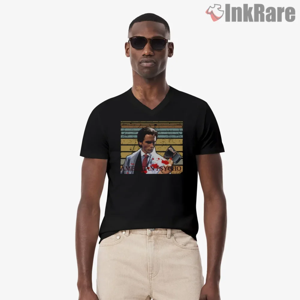 American Psycho Raincoat Axe Vintage Movie Shirt on black v-neck shirt for men graphic tee