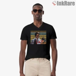American Psycho Raincoat Axe Vintage Movie Shirt on black v-neck shirt for men graphic tee