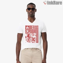 American Psycho Red Collage Grindhouse Shirt on white v-neck shirt for men graphic tee