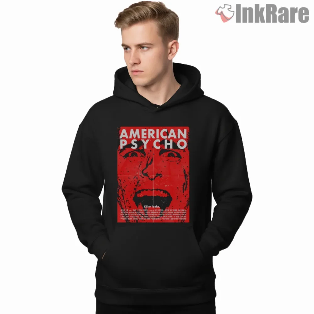 American Psycho Red Grindhouse Movie Art Shirt on black hoodie for men graphic tee