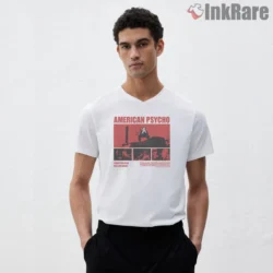 American Psycho Red Room Retro Film Poster Shirt on white v-neck shirt for men graphic tee