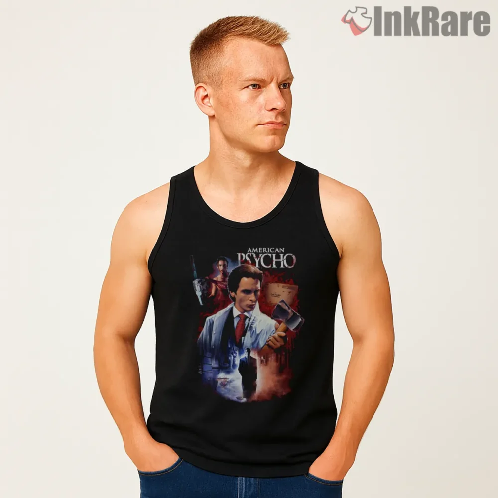 American Psycho Retro Eighties Horror Movie Shirt on black tank top for men graphic tee