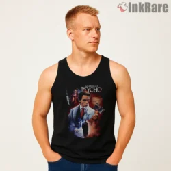 American Psycho Retro Eighties Horror Movie Shirt on black tank top for men graphic tee