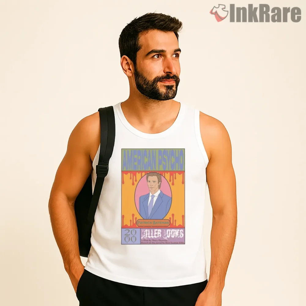 American Psycho Retro Killer Jams Album Cover Shirt on white tank top for men graphic tee