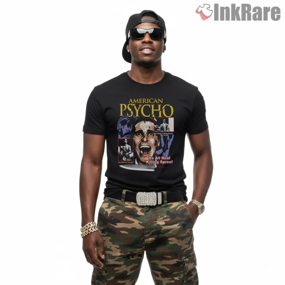 American Psycho Retro Killing Spree Art Shirt on black short sleeve shirt for men graphic tee