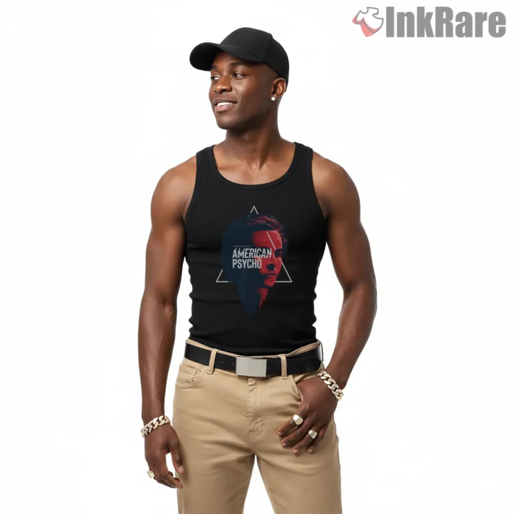 American Psycho Split Color Portrait Shirt on black tank top for men graphic tee