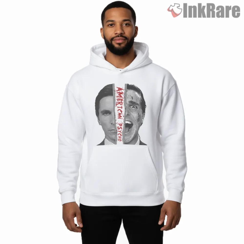 American Psycho Split Personality Portrait Shirt on white hoodie for men graphic tee