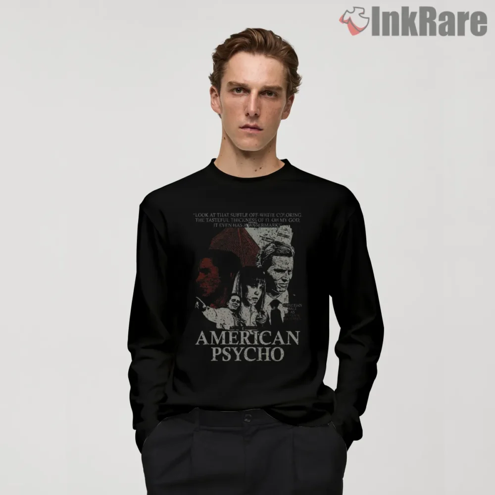 American Psycho Subtle Off White Business Card Shirt on black long sleeve shirt for men graphic tee