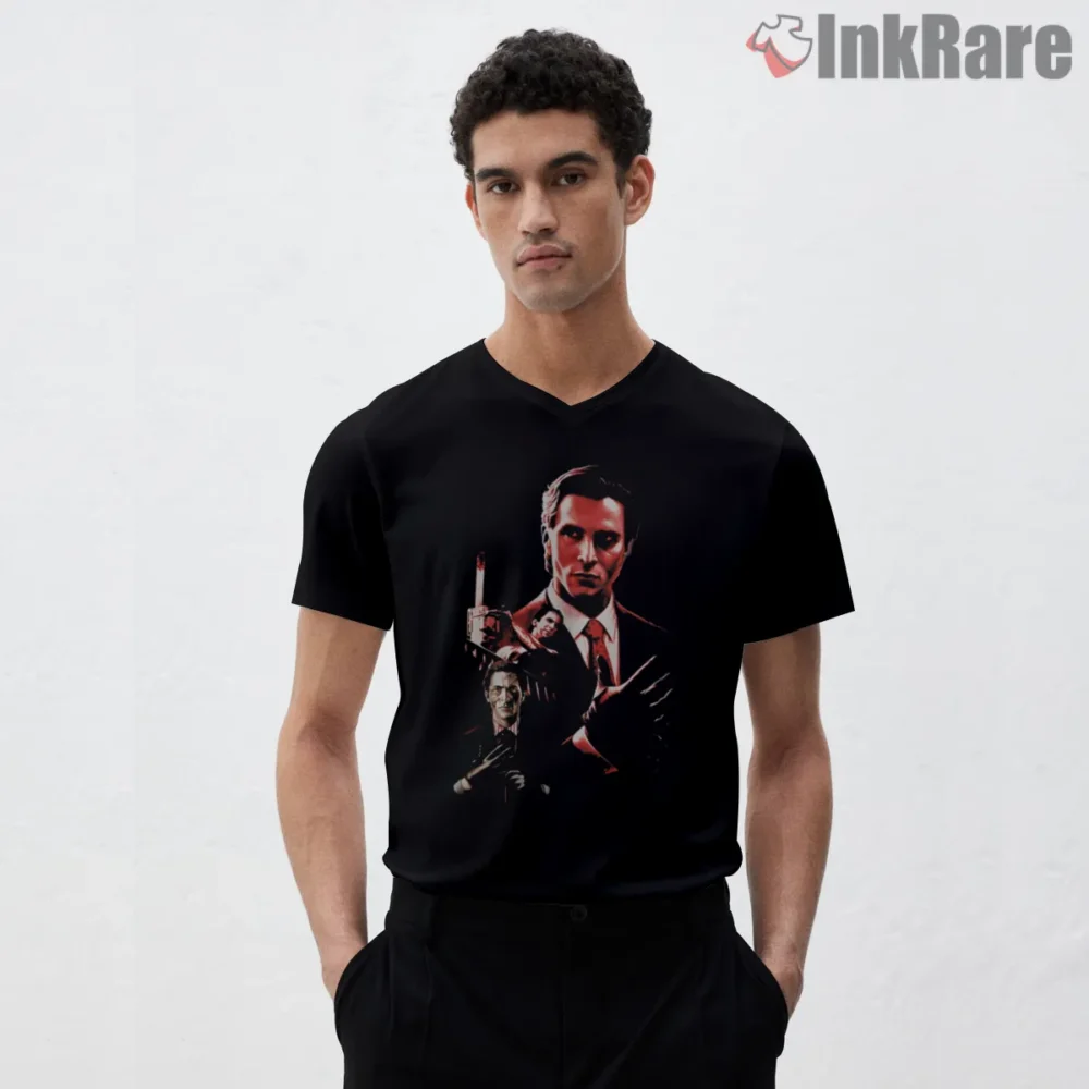 American Psycho Twin Portrait Blood Red Poster Shirt on black v-neck shirt for men graphic tee
