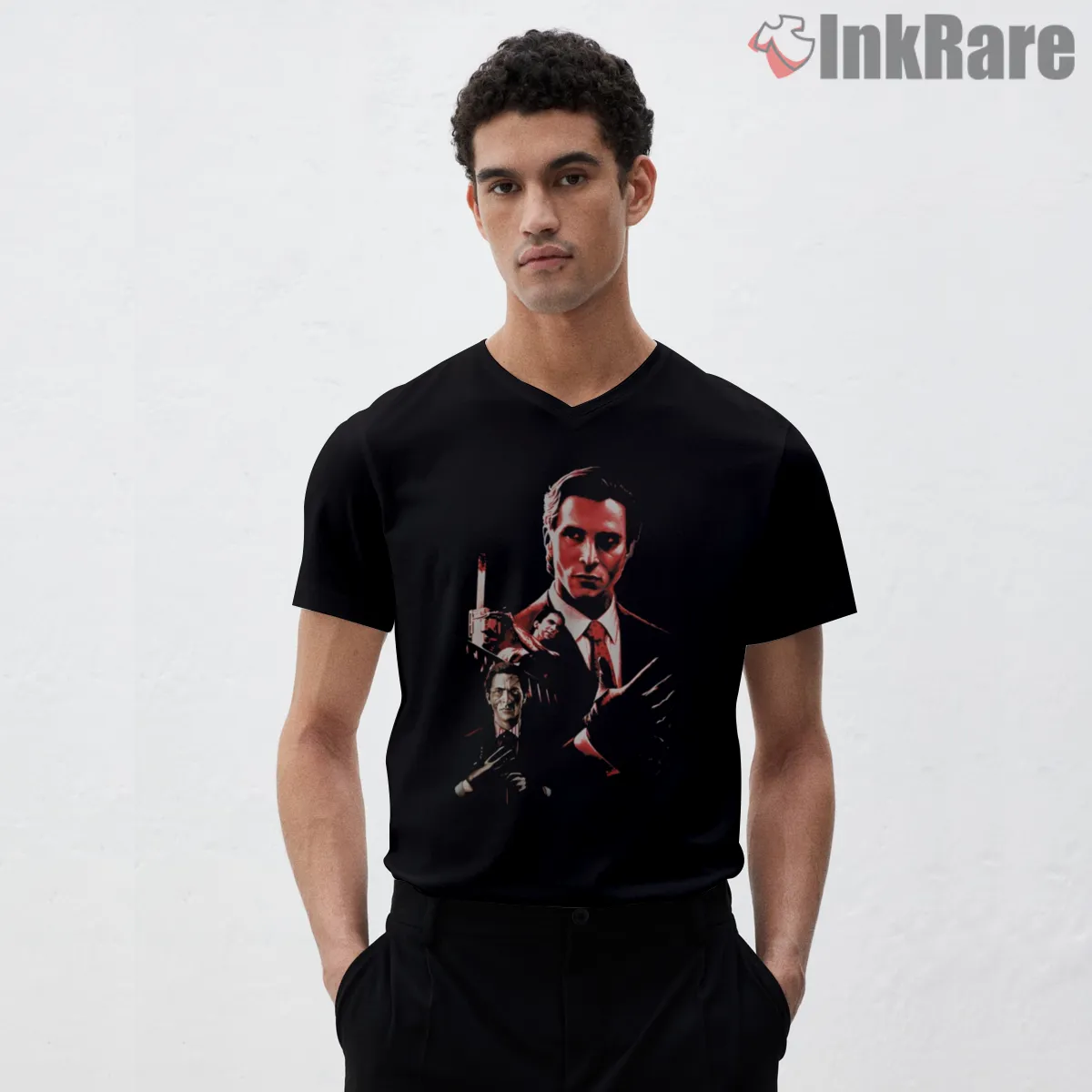 American Psycho Twin Portrait Blood Red Poster V Neck Black American Psycho Twin Portrait Blood Red Poster Shirt on black v-neck shirt for men graphic tee
