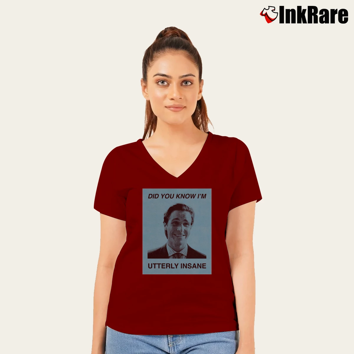 American Psycho Utterly Insane Women’s V-Neck Tee in maroon – Flattering Fit Women’s American Psycho Utterly Insane V-Neck Tee in maroon | Chic Neckline, Soft Texture