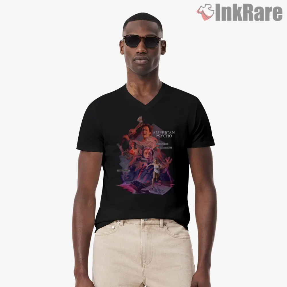 American Psycho Vintage Style Dreamlike Horror Collage Shirt on black v-neck shirt for men graphic tee