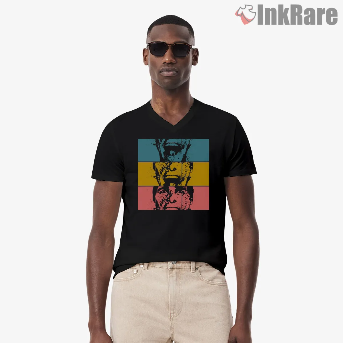American Psycho Warhol Pop Art Faces V Neck Black American Psycho Warhol Pop Art Faces Shirt on black v-neck shirt for men graphic tee