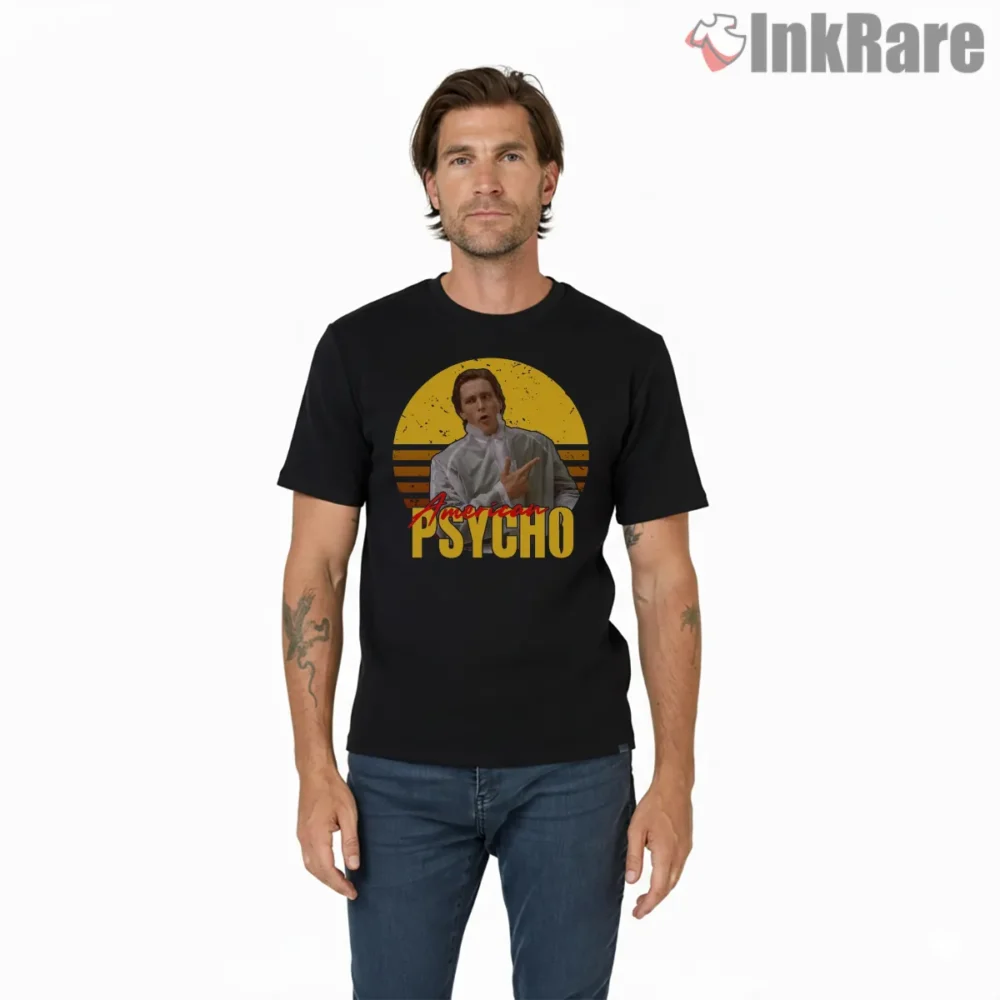 American Psycho Yellow Sunset Pointing Raincoat Shirt on black short sleeve shirt for men graphic tee