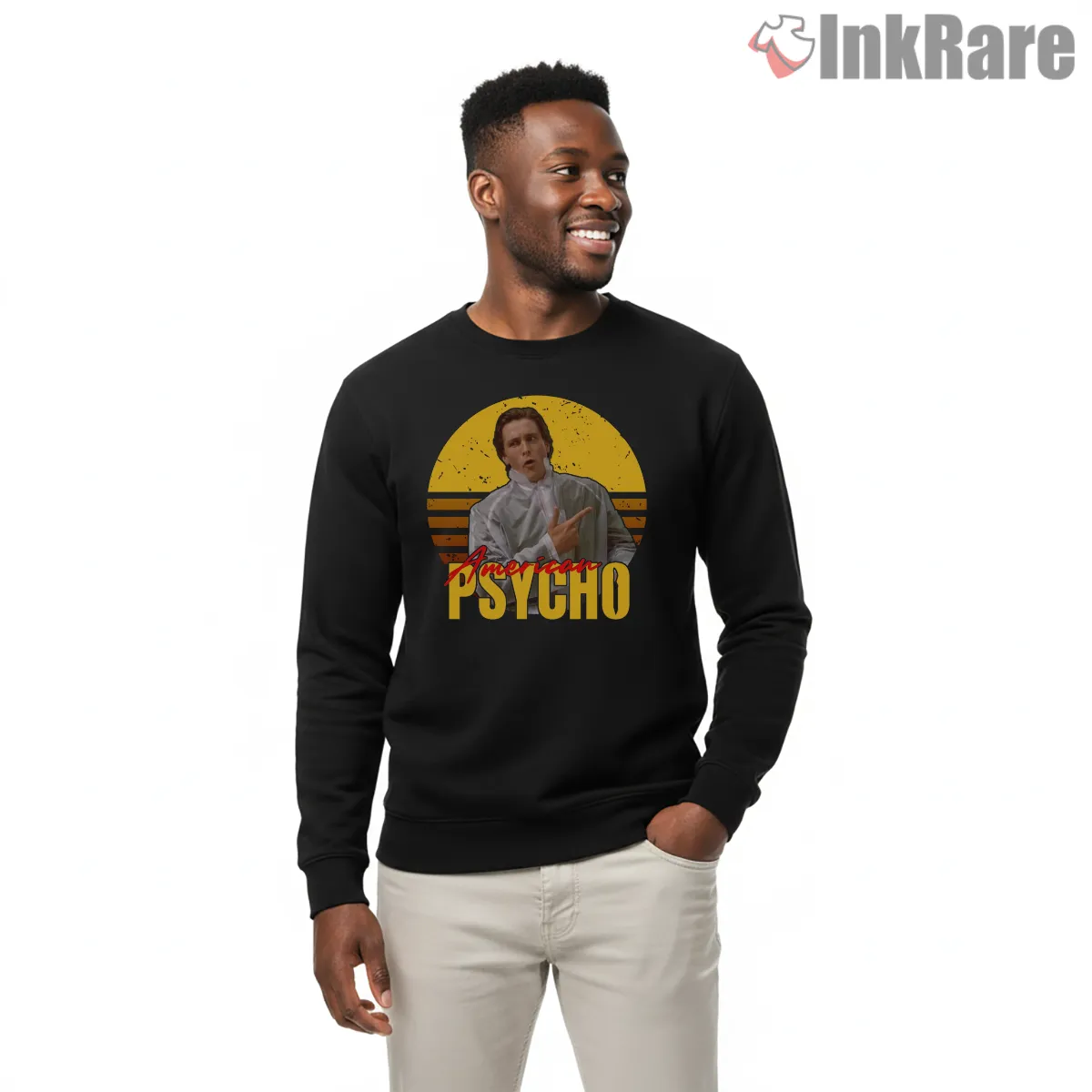 American Psycho Yellow Sunset Pointing Raincoat Shirt American Psycho Yellow Sunset Pointing Raincoat Shirt on graphic shirt for men graphic tee