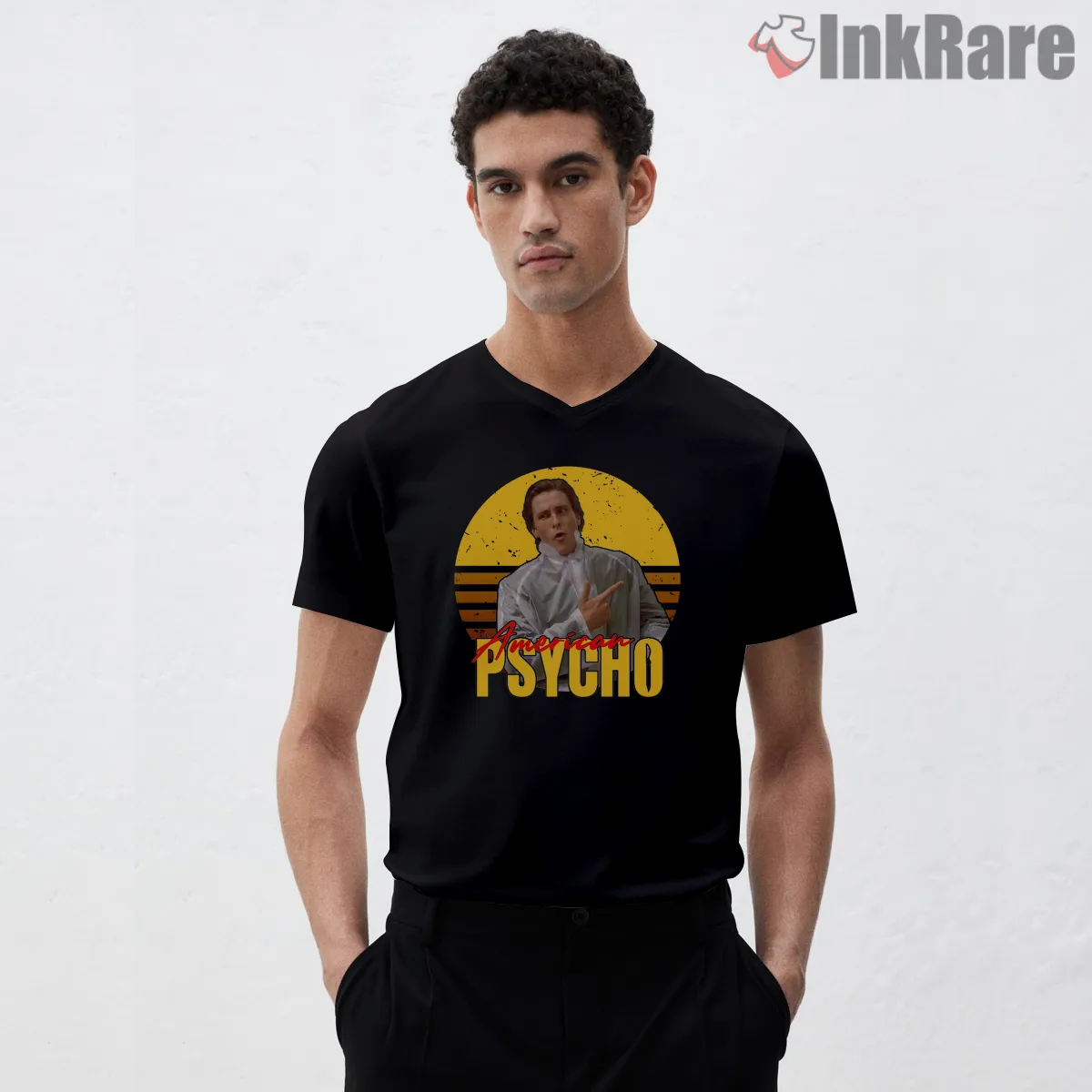 American Psycho Yellow Sunset Pointing Raincoat V Neck Black American Psycho Yellow Sunset Pointing Raincoat Shirt on black v-neck shirt for men graphic tee