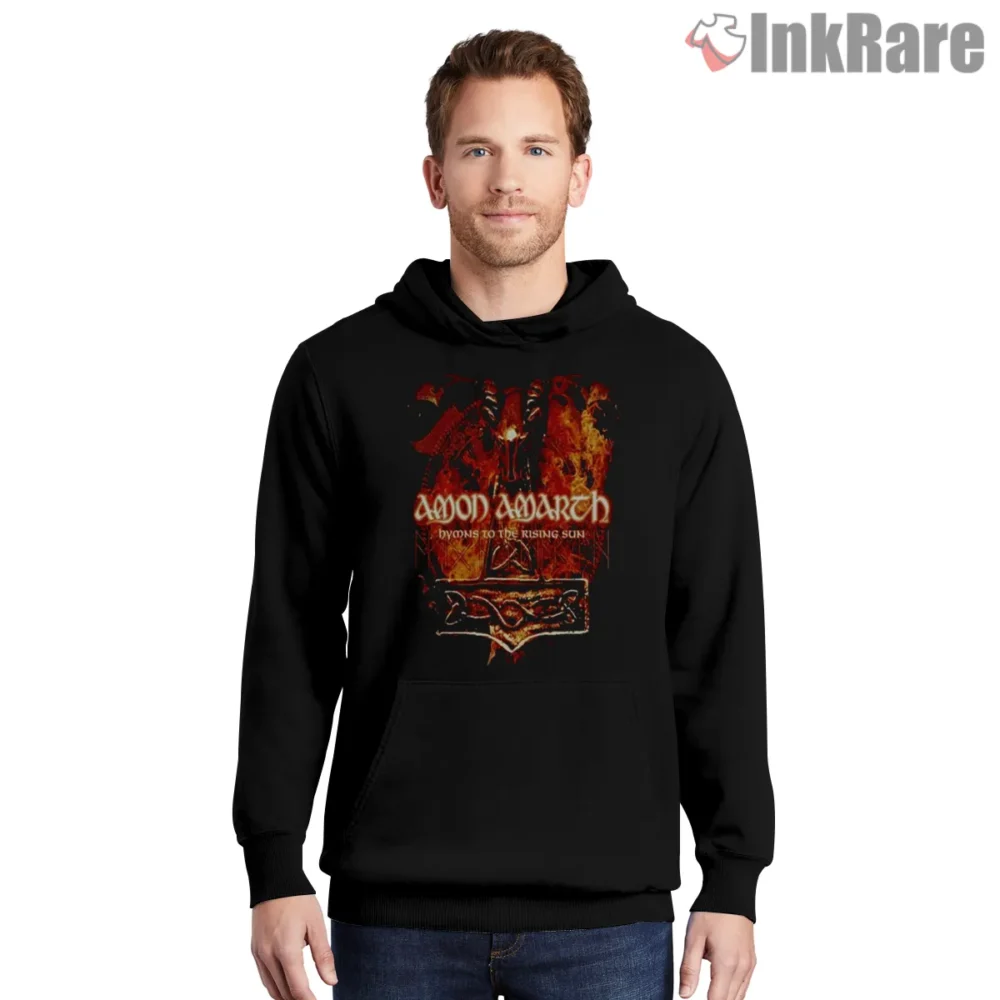 Amon Amarth Beyond The Rising Fire Shirt on black hoodie for men graphic tee
