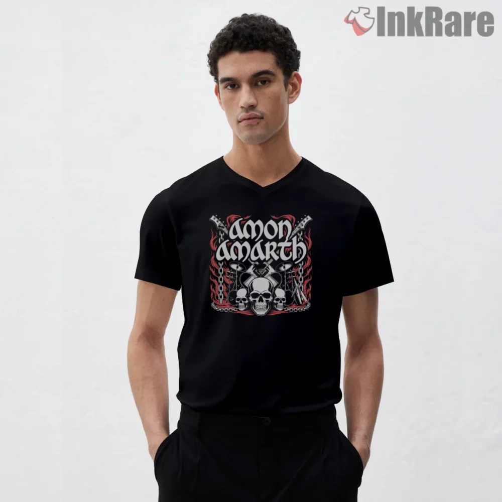 Amon Amarth Chains Skulls Drumstorm Emblem Shirt on black v-neck shirt for men graphic tee