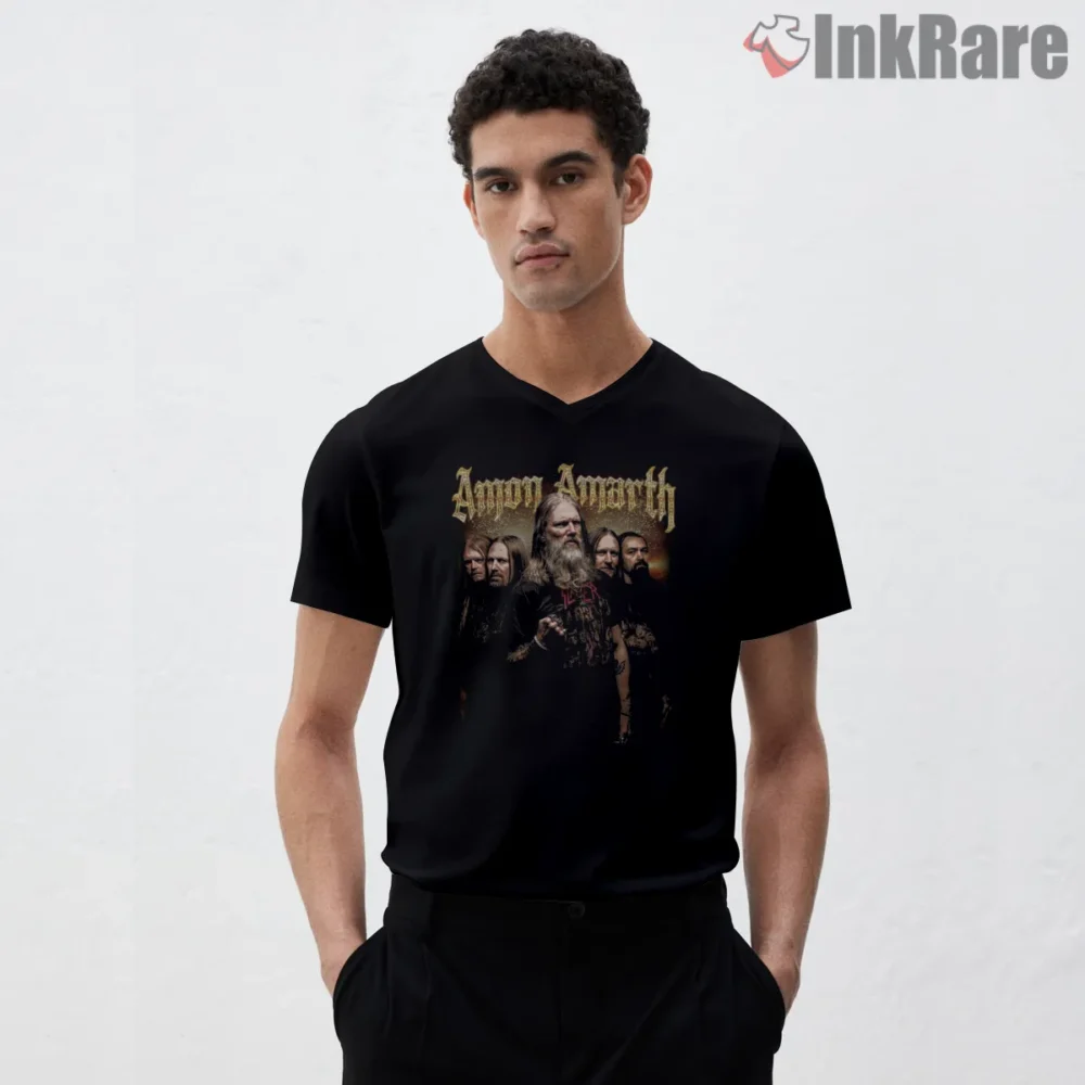 Amon Amarth Classic Lineup Death Metal Portrait Shirt on black v-neck shirt for men graphic tee