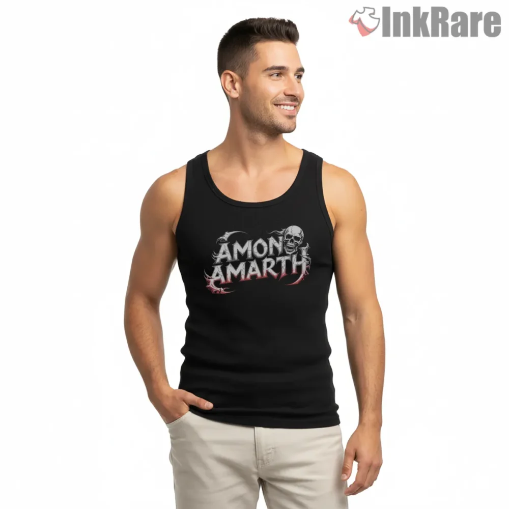 Amon Amarth Crimson Skull Logo Shirt on black tank top for men graphic tee