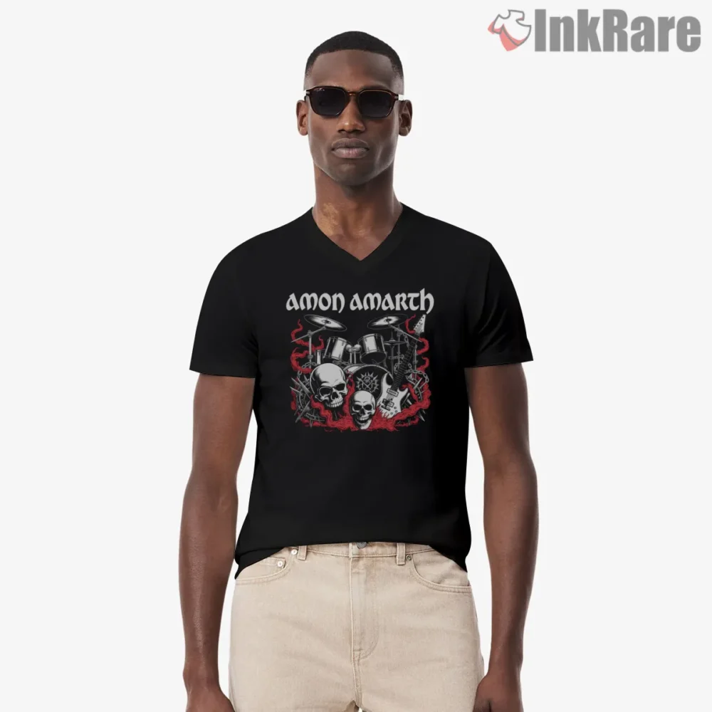Amon Amarth Crimson Smoke Skulls Stage Gear Shirt on black v-neck shirt for men graphic tee