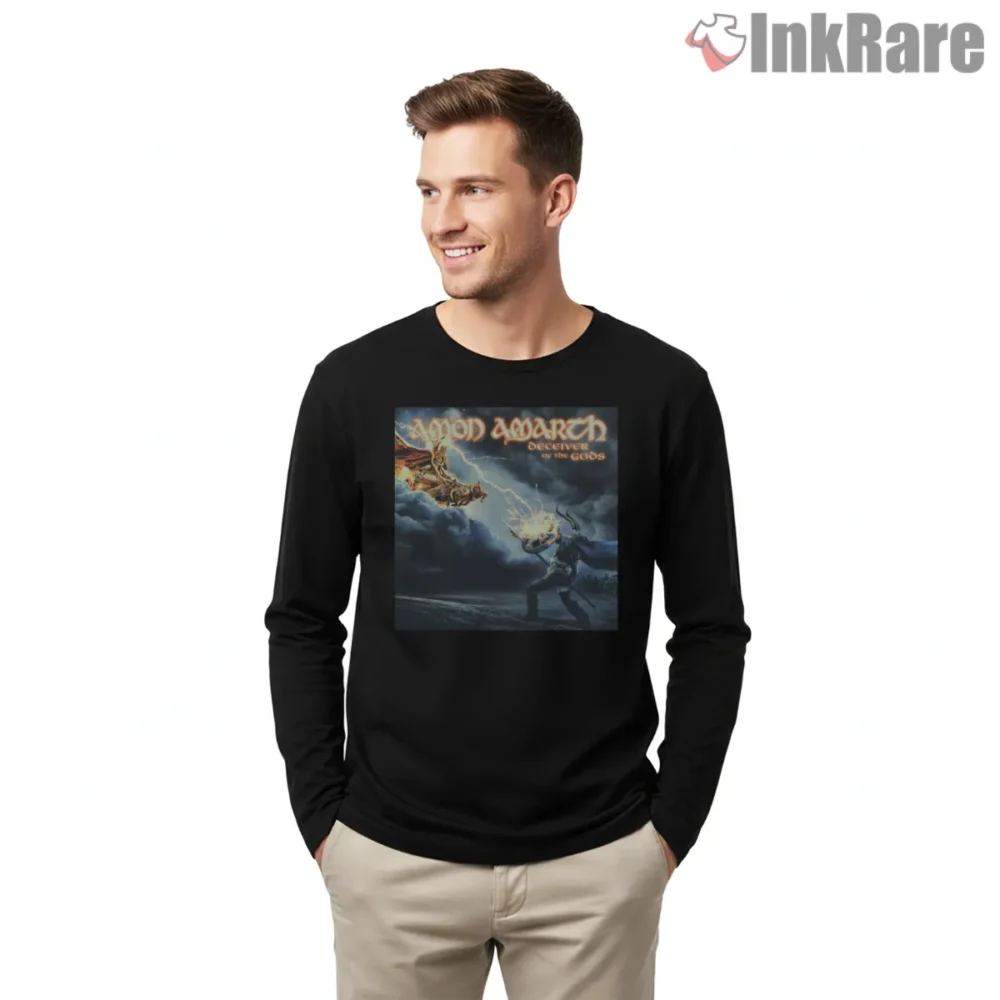 Amon Amarth Deceiver Of The Gods Album Art Shirt on black long sleeve shirt for men graphic tee