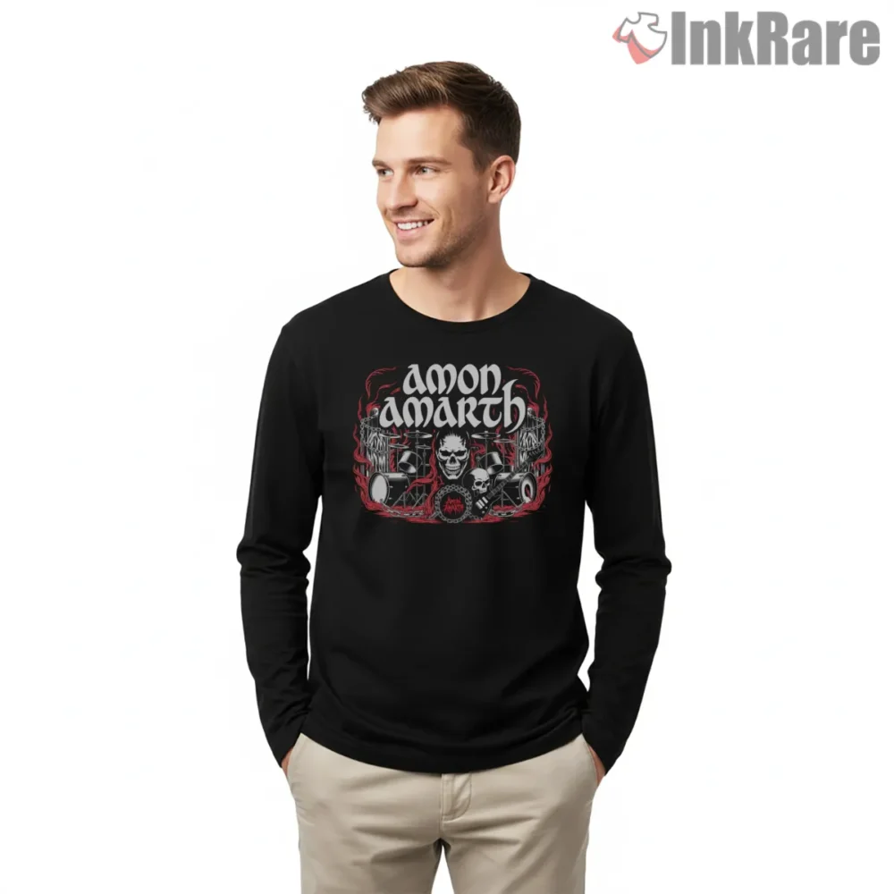Amon Amarth Drums And Skulls Battle Shirt on black long sleeve shirt for men graphic tee
