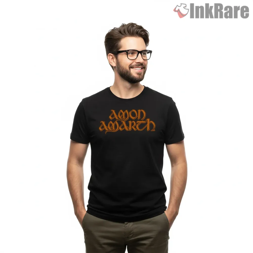 Amon Amarth Fiery Orange Classic Logo Shirt on black short sleeve shirt for men graphic tee