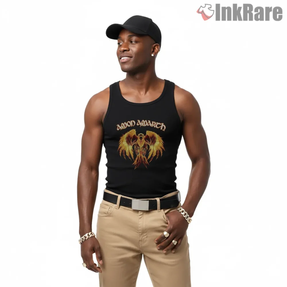 Amon Amarth Flaming Phoenix Emblem Shirt on black tank top for men graphic tee